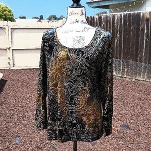 Vintage Avenue Black Gold Tie Dye Velvet Paisley Top Blouse Sleeve 18/20 1X 2X